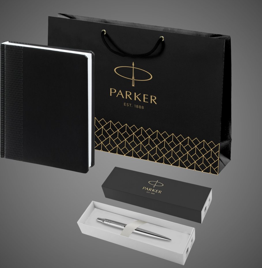 Подарочный набор: Шариковая ручка Parker Jotter Essential, St. Steel СT, стержень: Mblue и Ежедневник недатированный черный, Металлы: нержавеющая сталь, хром