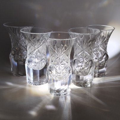 Набор из 5-ти стопок с массивными гранёными ножками с растительным декором, хрусталь, алмазная грань, СССР, 1970-1990 гг.