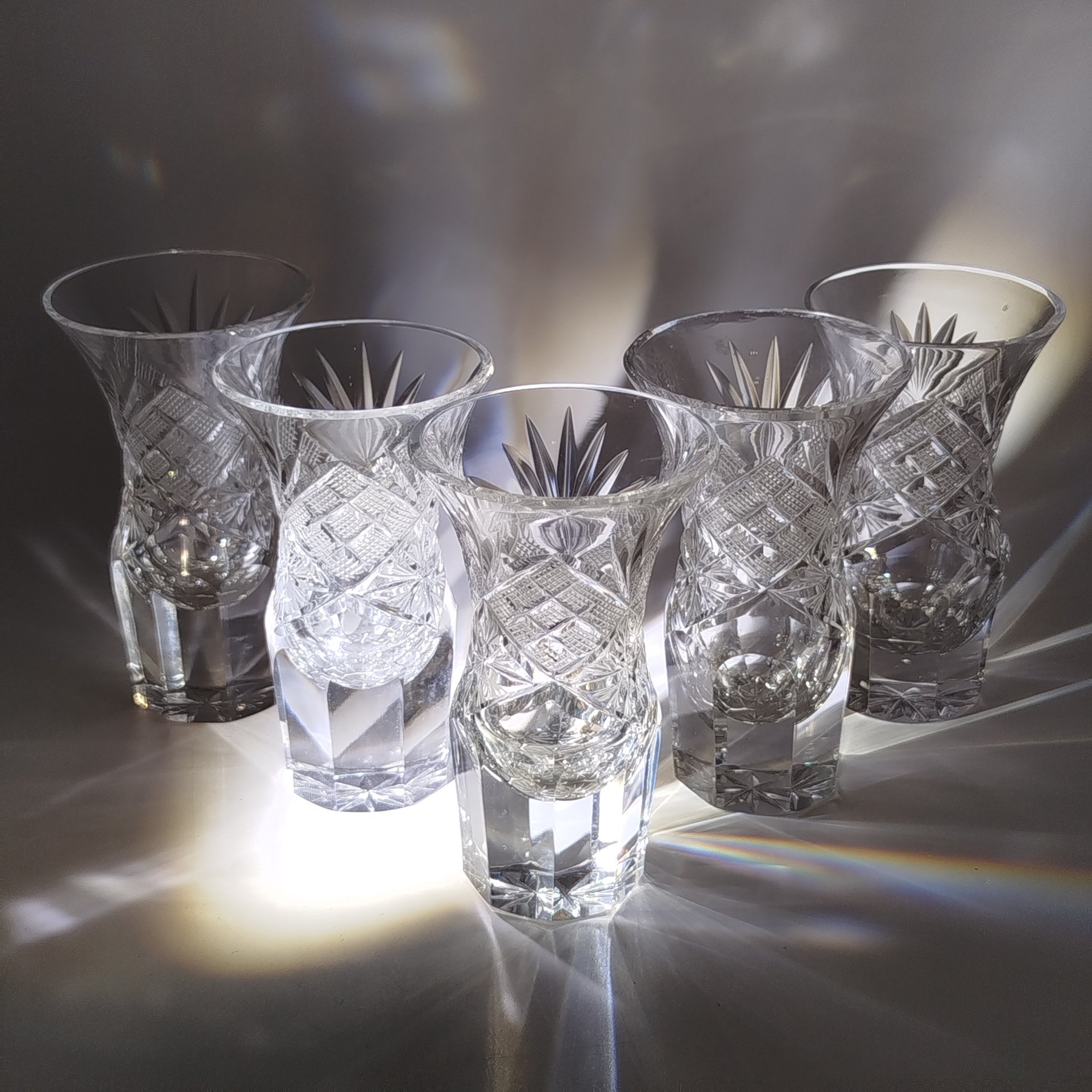Набор из 5-ти стопок с массивными гранёными ножками с растительным декором, хрусталь, алмазная грань, СССР, 1970-1990 гг.
