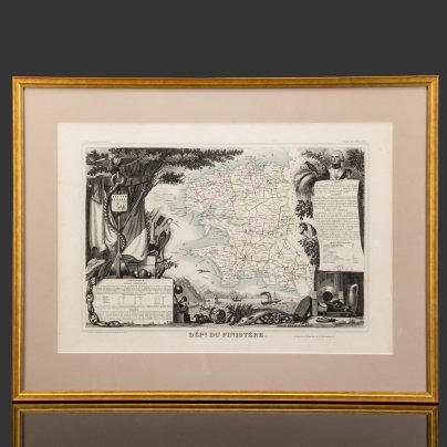 Гравюра "Карта департамента Финистер  (Dept du Finistére)" в раме, автор Виктор Левассер (Victor Levasseur), бумага, печать, дерево стекло, Франция, 1840-1860 гг.