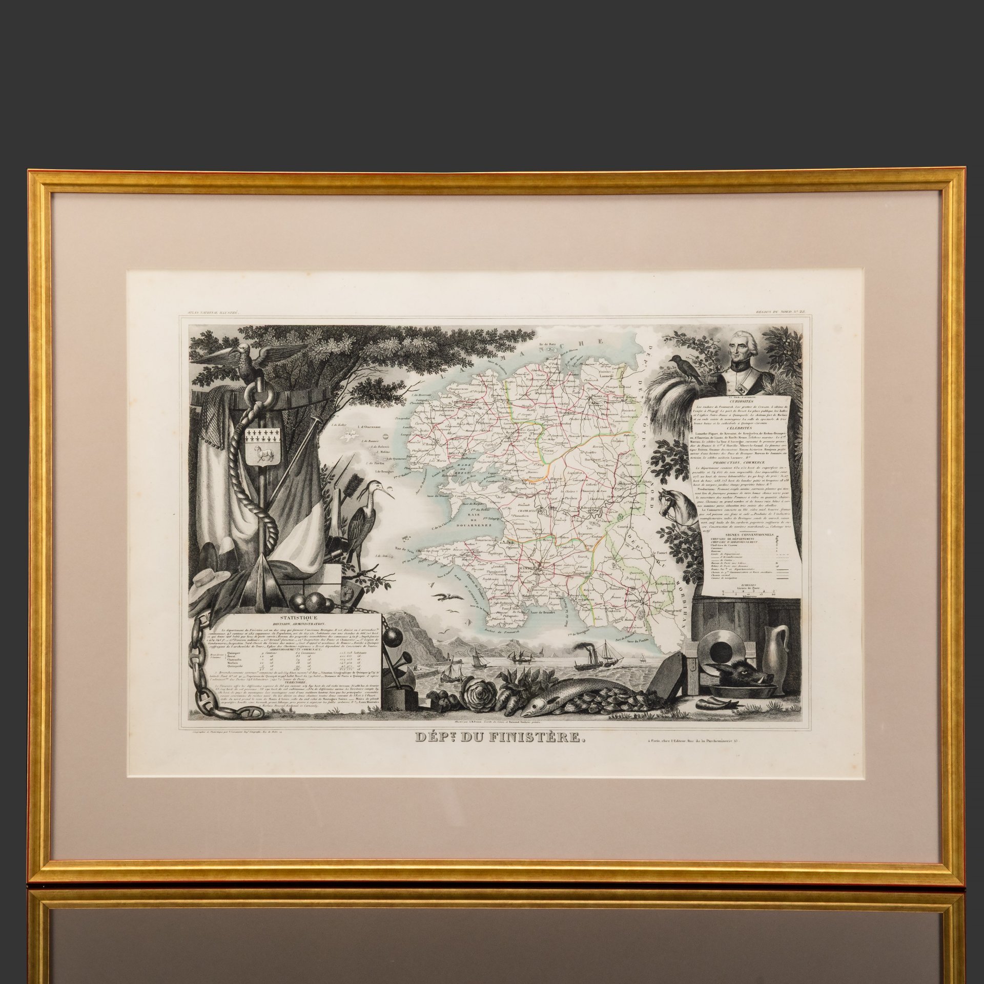 Гравюра "Карта департамента Финистер  (Dept du Finistére)" в раме, автор Виктор Левассер (Victor Levasseur), бумага, печать, дерево стекло, Франция, 1840-1860 гг.