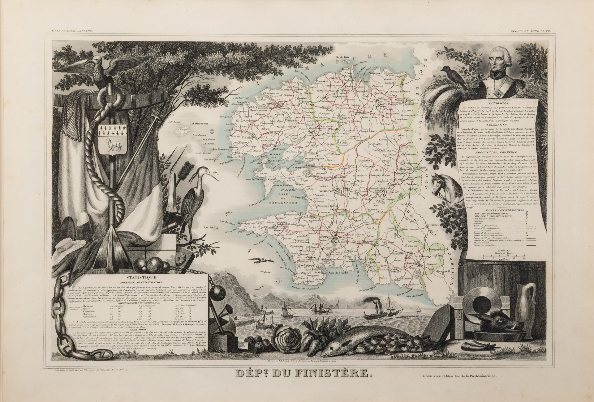 Гравюра "Карта департамента Финистер  (Dept du Finistére)" в раме, автор Виктор Левассер (Victor Levasseur), бумага, печать, дерево стекло, Франция, 1840-1860 гг.