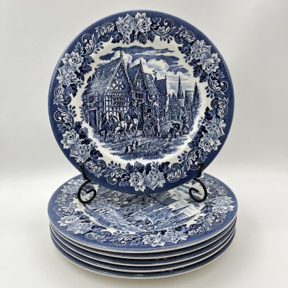 Набор обеденных тарелок "Coaching scenes" ("Сцены с каретами") на 6 персон, English Ironstone Tableware (EIT), фаянс, деколь, Великобритания, 1980-2000 гг.