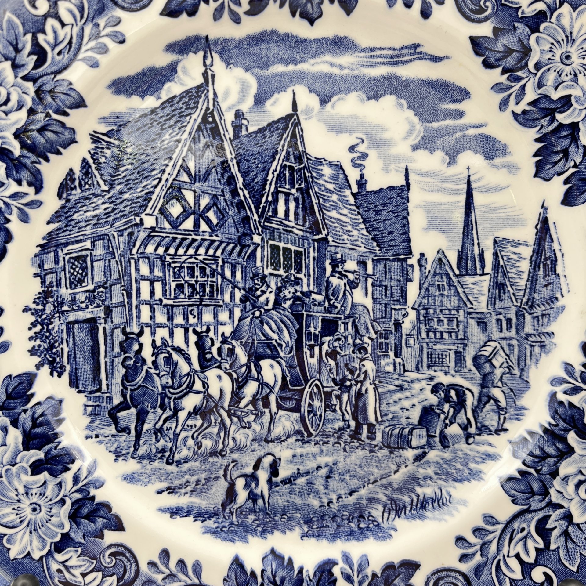 Набор обеденных тарелок "Coaching scenes" ("Сцены с каретами") на 6 персон, English Ironstone Tableware (EIT), фаянс, деколь, Великобритания, 1980-2000 гг.