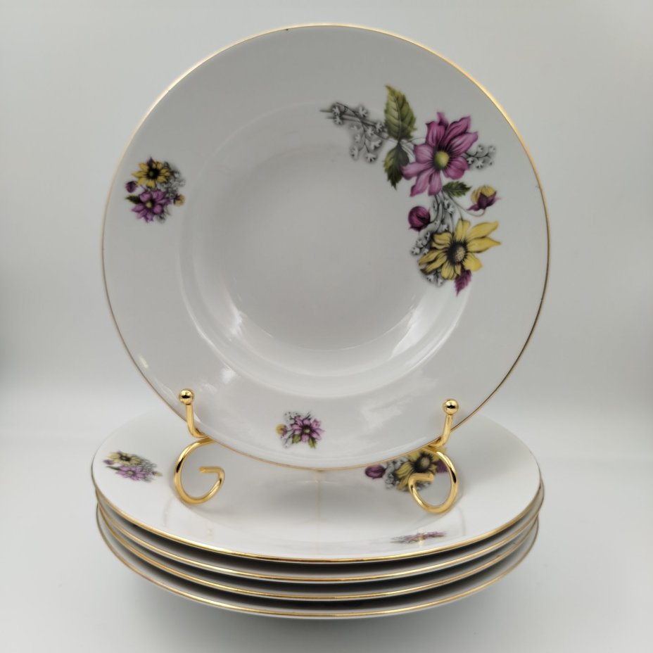 Набор суповых тарелок на 5 персон с изображением цветов, фарфор, деколь, золочение, Thun (Тун), Чехословакия, 1970-1990 гг.