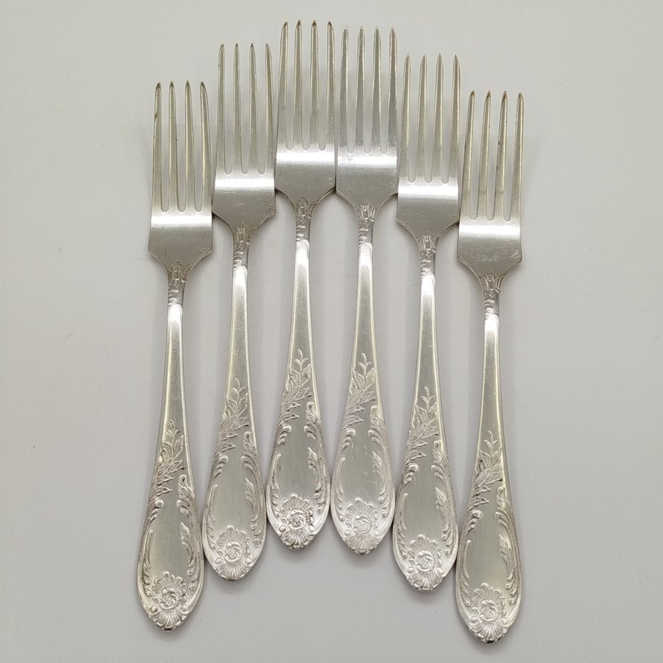 Набор вилок с растительным декором на черенках (6 шт.), мНЦ (медь-никель-цинк), Вольнянский завод столовых приборов им. Шевченко (ЗiШ, ЗиШ), СССР, 1970-1990 гг.