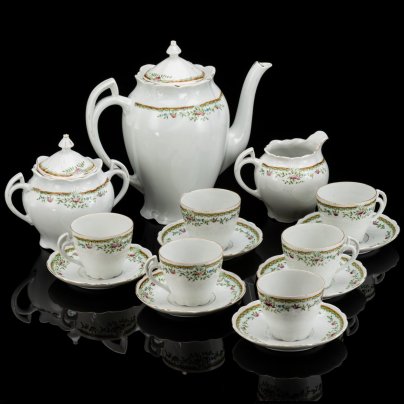 Сервиз чайный на 6 персон (15 предметов) в стиле ар-нуво, фарфор, деколь с подрисовкой, Западная Европа, 1900-1930 гг.