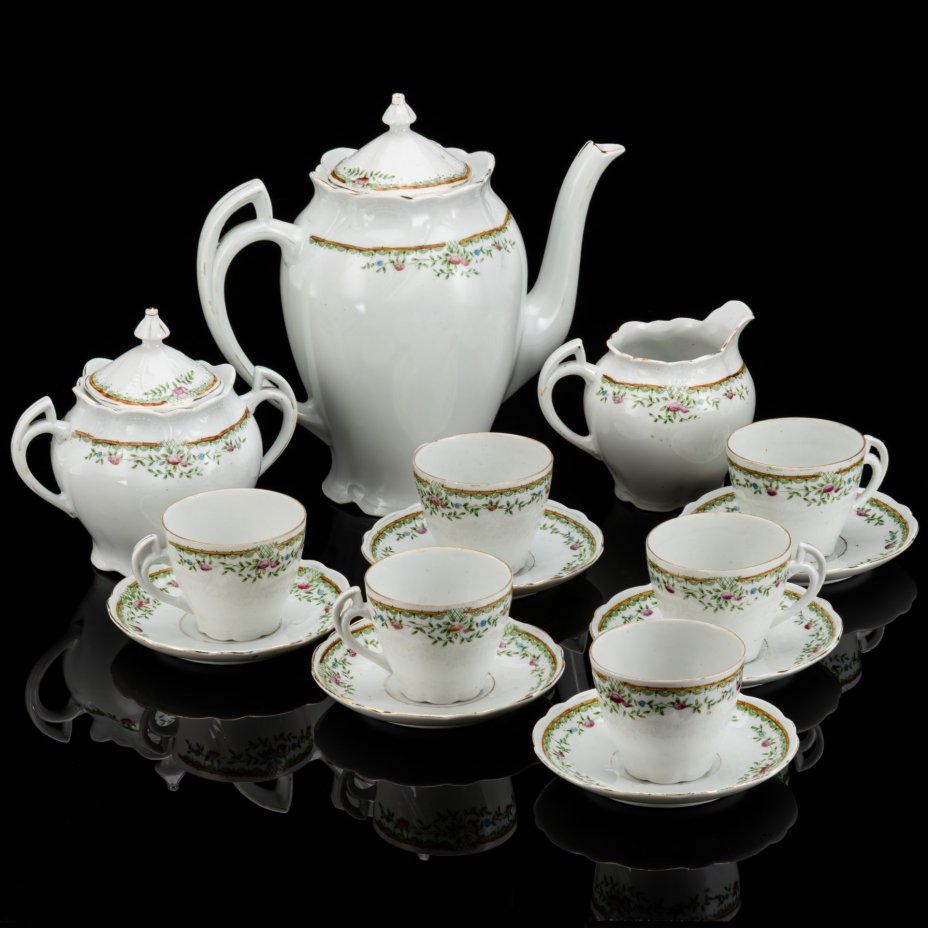 Сервиз чайный на 6 персон (15 предметов) в стиле ар-нуво, фарфор, деколь с подрисовкой, Западная Европа, 1900-1930 гг.