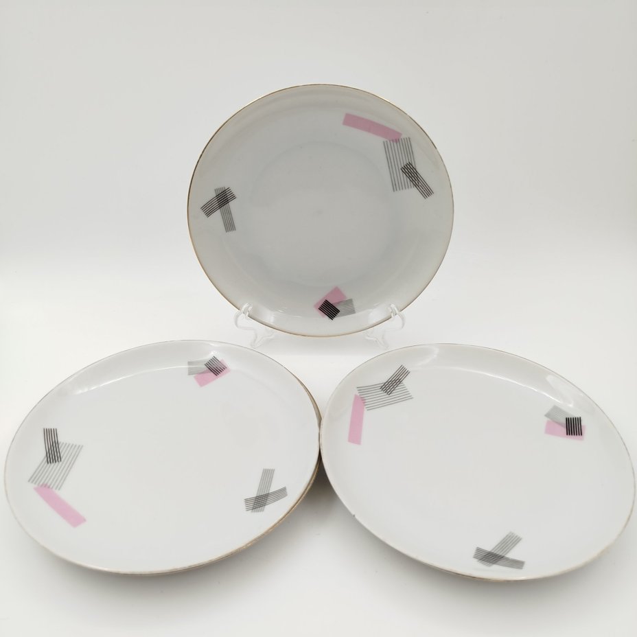 Набор из 5-ти десертных тарелок с геометрическим декором, Loucky Carlsbad, фарфор, деколь, золочение, Чехословакия, 1960-1980 гг.