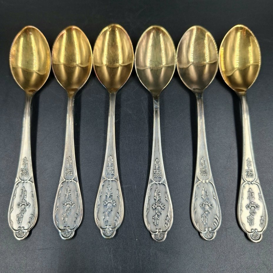 Набор из шести чайных ложек с растительным декором, мНЦ (медь-никель-цинк), золочение, Мстерская художественная фабрика  «Ювелир», СССР, 1980 г.