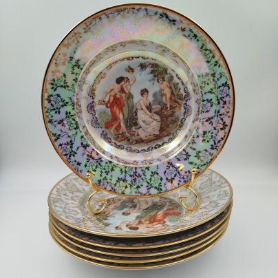 Набор суповых (глубоких) тарелок "Мадонна" на 6 персон, фарфор, люстр, деколь, золочение, Fortuna Eisenberg, ГДР, 1960-1973 гг.