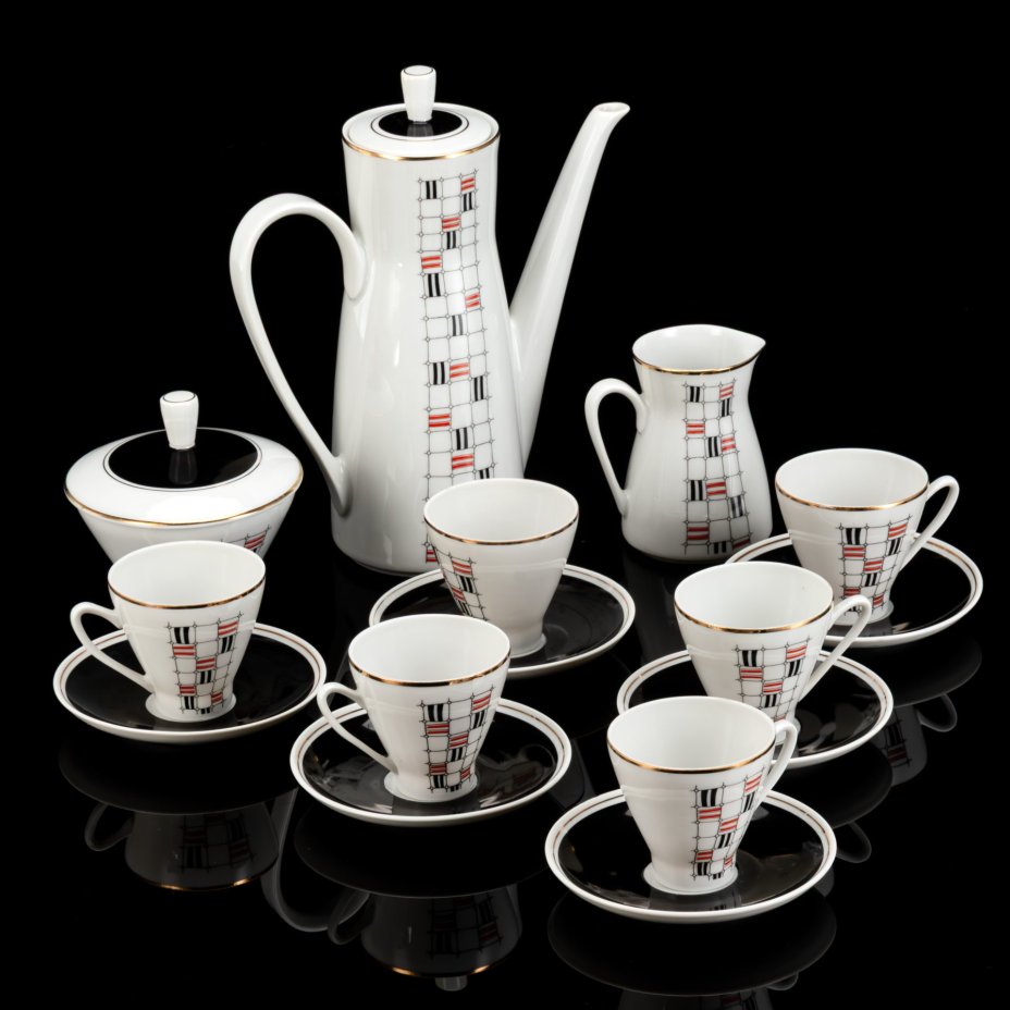Сервиз кофейный c минималистичным геометрическим декором на 6 персон (15 предметов), фарфор, крытье, деколь, золочение, Freiberger Porzellan, ГДР, 1960-1990 гг.