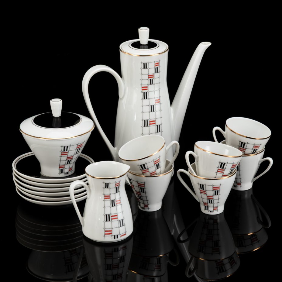 Сервиз кофейный c минималистичным геометрическим декором на 6 персон (15 предметов), фарфор, крытье, деколь, золочение, Freiberger Porzellan, ГДР, 1960-1990 гг.