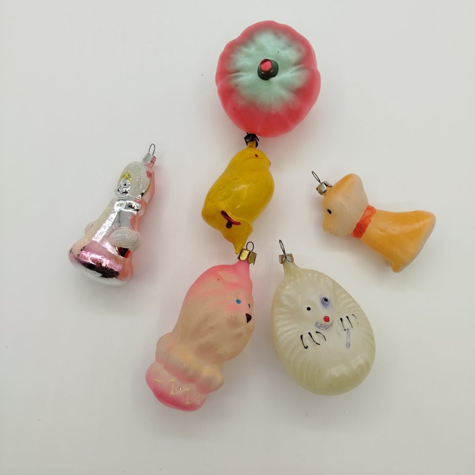 Набор из шести ёлочных игрушек, стекло, металл, СССР, 1960-1980 гг.