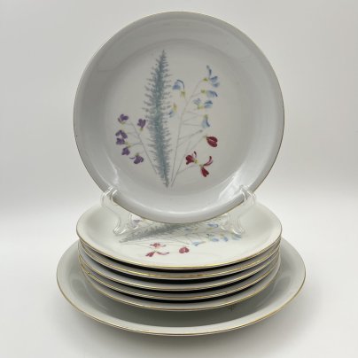 Набор десертных тарелок с блюдом на 6 персон, украшенный цветочным декором, фарфор, деколь, золочение, Kahla-Könitz, ГДР, 1964-1982 гг.