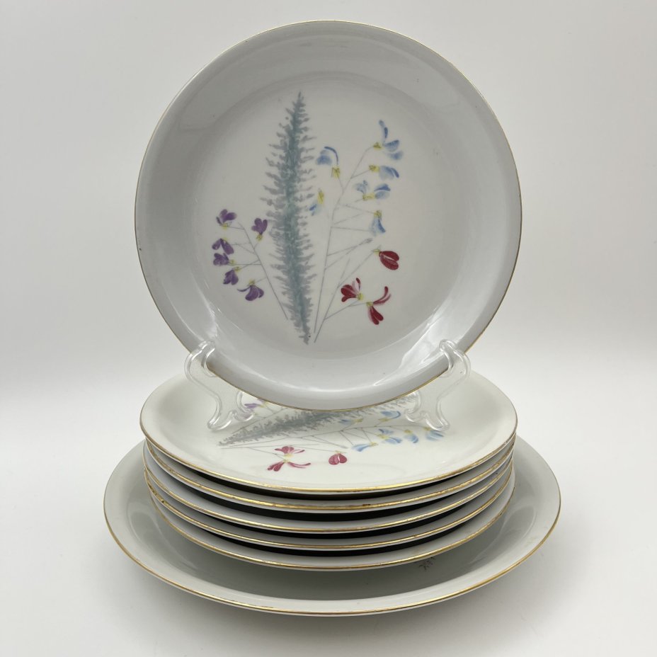 Набор десертных тарелок с блюдом на 6 персон, украшенный цветочным декором, фарфор, деколь, золочение, Kahla-Könitz, ГДР, 1964-1982 гг.