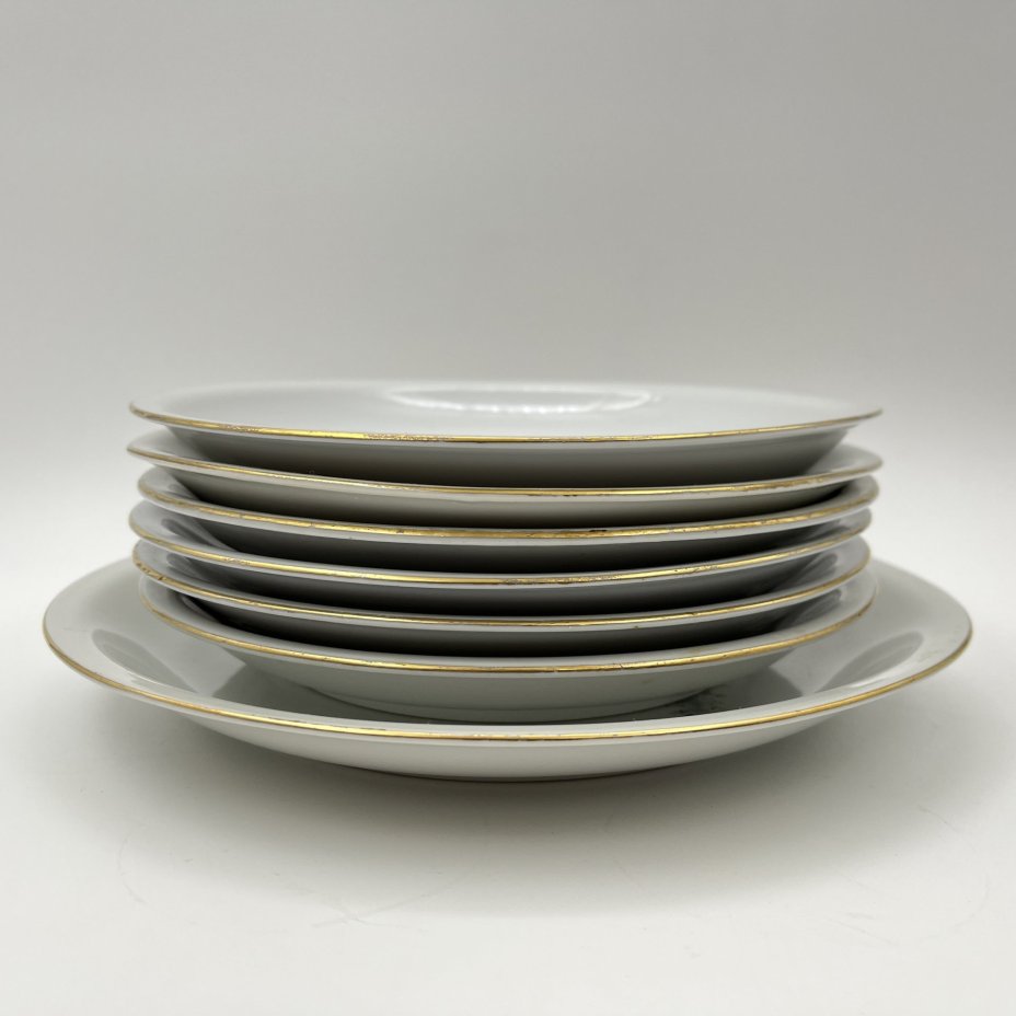 Набор десертных тарелок с блюдом на 6 персон, украшенный цветочным декором, фарфор, деколь, золочение, Kahla-Könitz, ГДР, 1964-1982 гг.