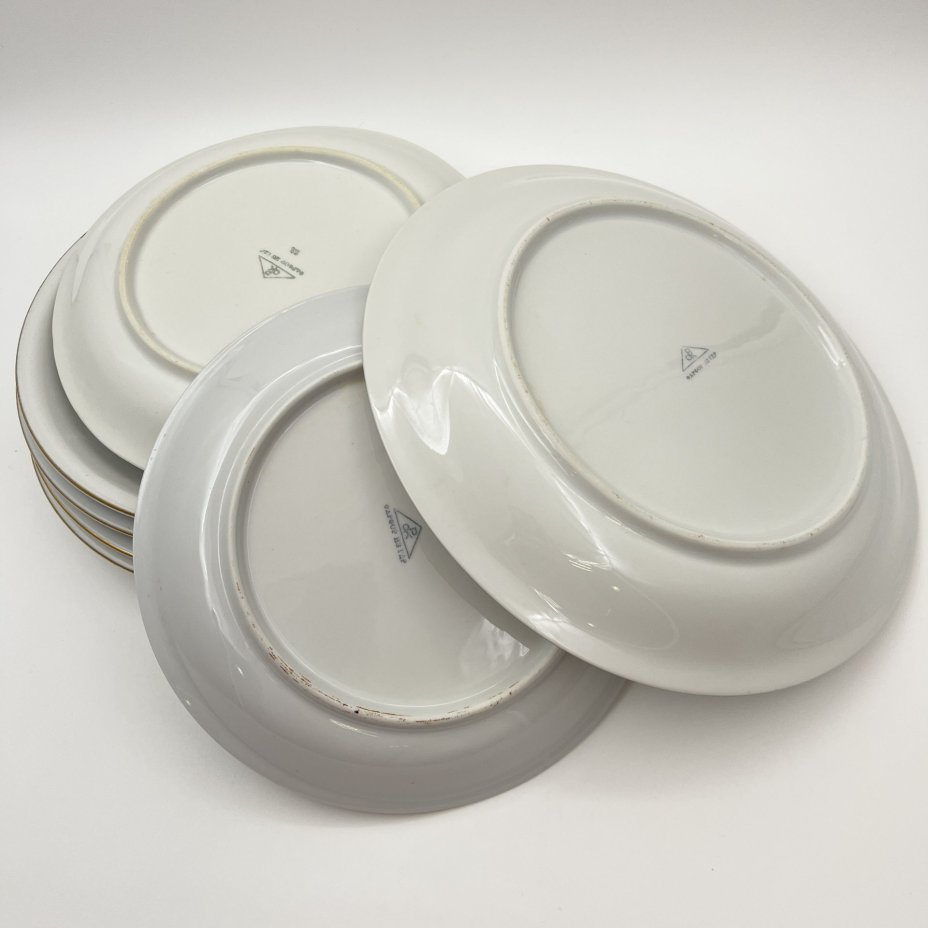 Набор десертных тарелок с блюдом на 6 персон, украшенный цветочным декором, фарфор, деколь, золочение, Kahla-Könitz, ГДР, 1964-1982 гг.