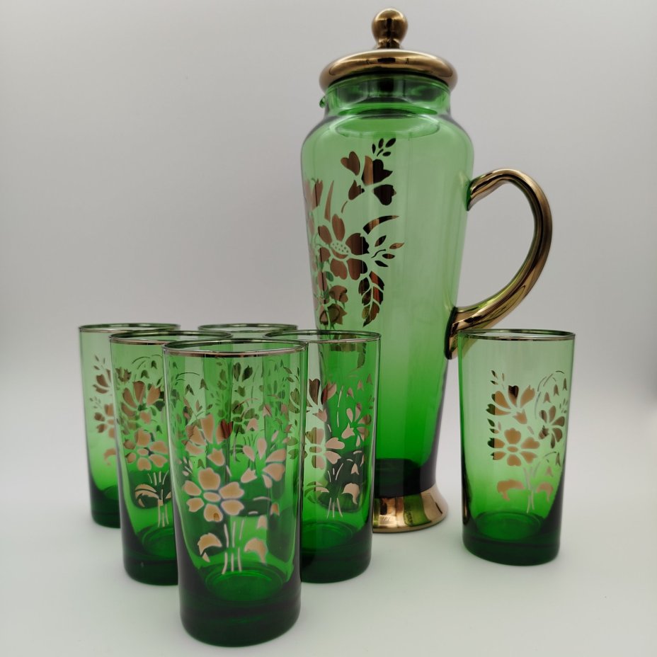 Набор для прохладительных напитков, украшенный цветочным декором (Кувшин и 6 стаканов)
