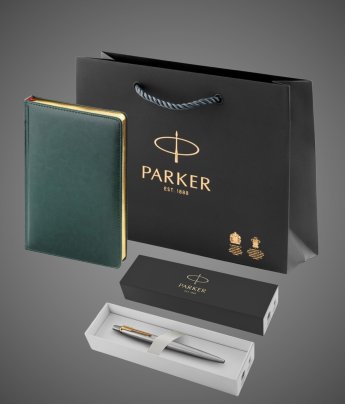 Подарочный набор Parker: темно-зеленый ежедневник с золотыми страницами и шариковая ручка Jotter Essential, стержень синего цвета