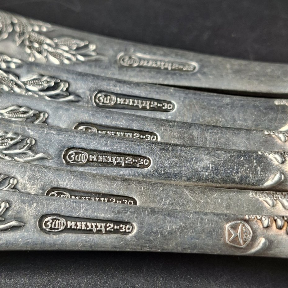 Набор из шести десертных вилок с растительным декором, мНЦ (медь-никель-цинк), Вольнянский завод столовых приборов им. Шевченко (ЗiШ, ЗиШ), СССР, 1960-1980 гг.