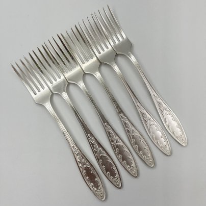 Набор десертных вилок "Пламя" (6 шт.), мНЦ (медь-никель-цинк), Кольчугинский завод цветных металлов, СССР, 1960-1990 гг.