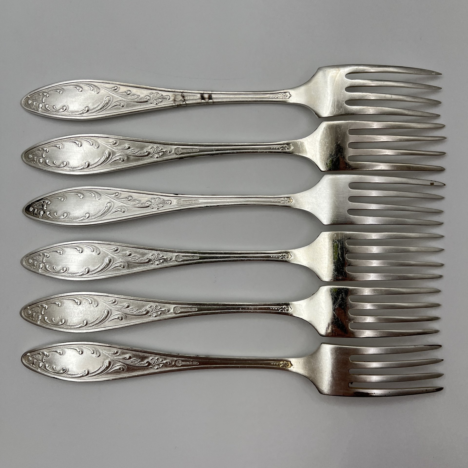 Набор десертных вилок "Пламя" (6 шт.), мНЦ (медь-никель-цинк), Кольчугинский завод цветных металлов, СССР, 1960-1990 гг.