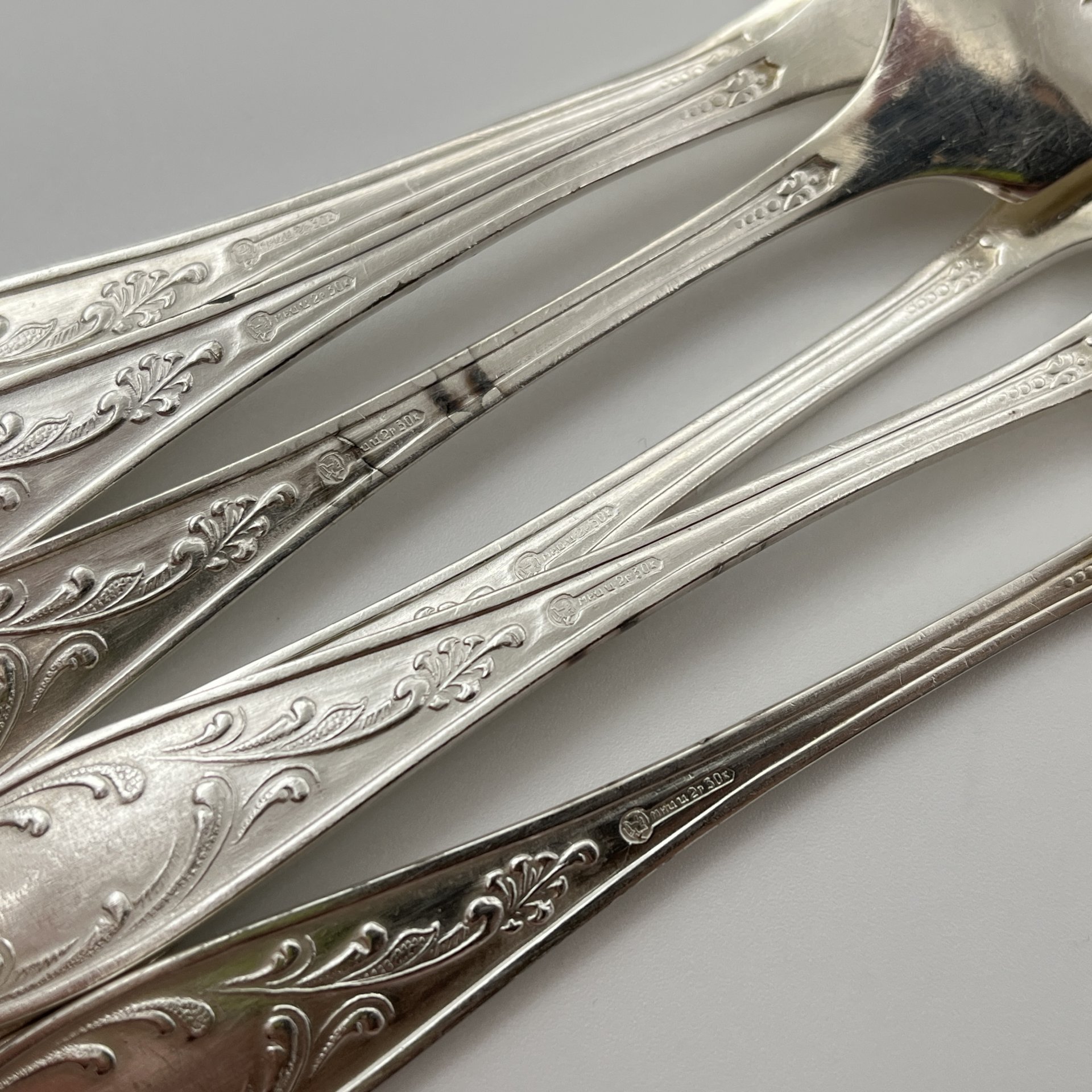 Набор десертных вилок "Пламя" (6 шт.), мНЦ (медь-никель-цинк), Кольчугинский завод цветных металлов, СССР, 1960-1990 гг.