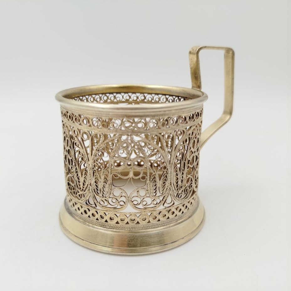 Подстаканник с ажурным цветочным декором, мельхиор (медь-никель), Мстерская художественная фабрика  «Ювелир», СССР, 1970 г.