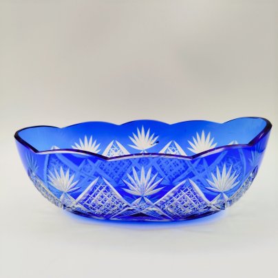 Ваза-ладья кобальтового цвета со звездчатым декором, хрусталь, алмазная грань, Дятьковский хрустальный завод, СССР, 1960-1980 гг.
