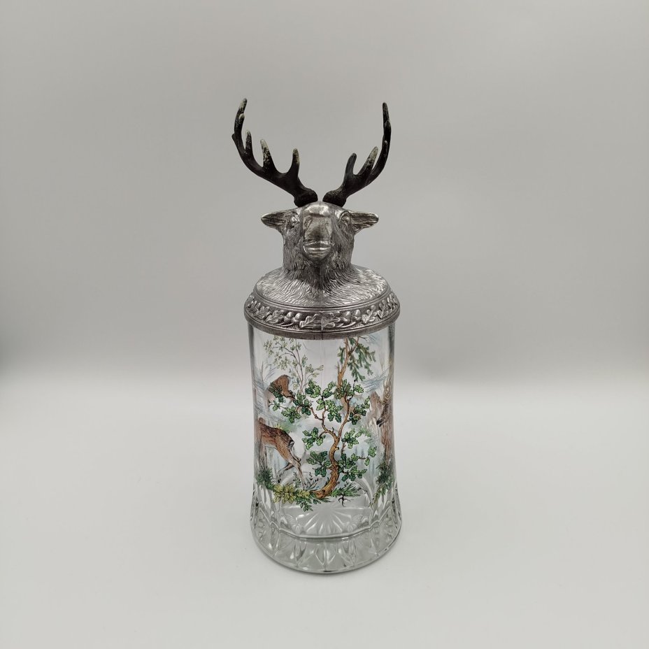 Кружка пивная "Олень", стекло, печать, металл, BMF Bierseidel, Германия, 1960-1990 гг., BMF Bierseidel