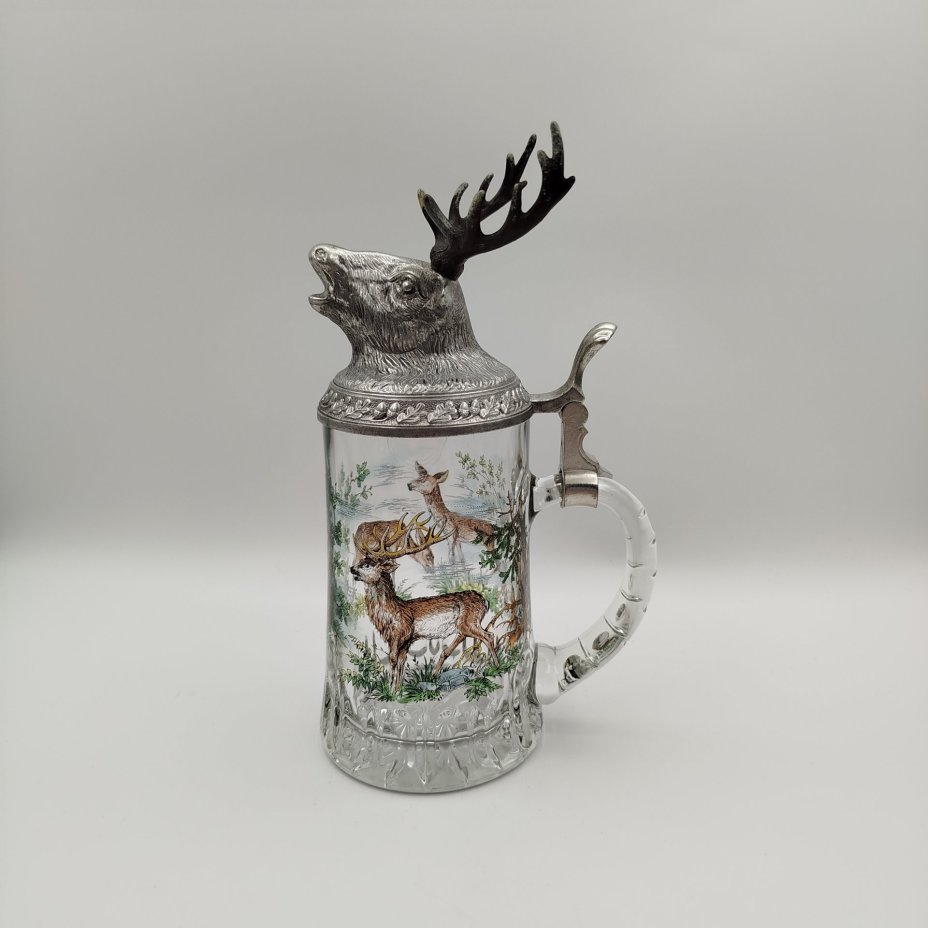 Кружка пивная "Олень", стекло, печать, металл, BMF Bierseidel, Германия, 1960-1990 гг., BMF Bierseidel