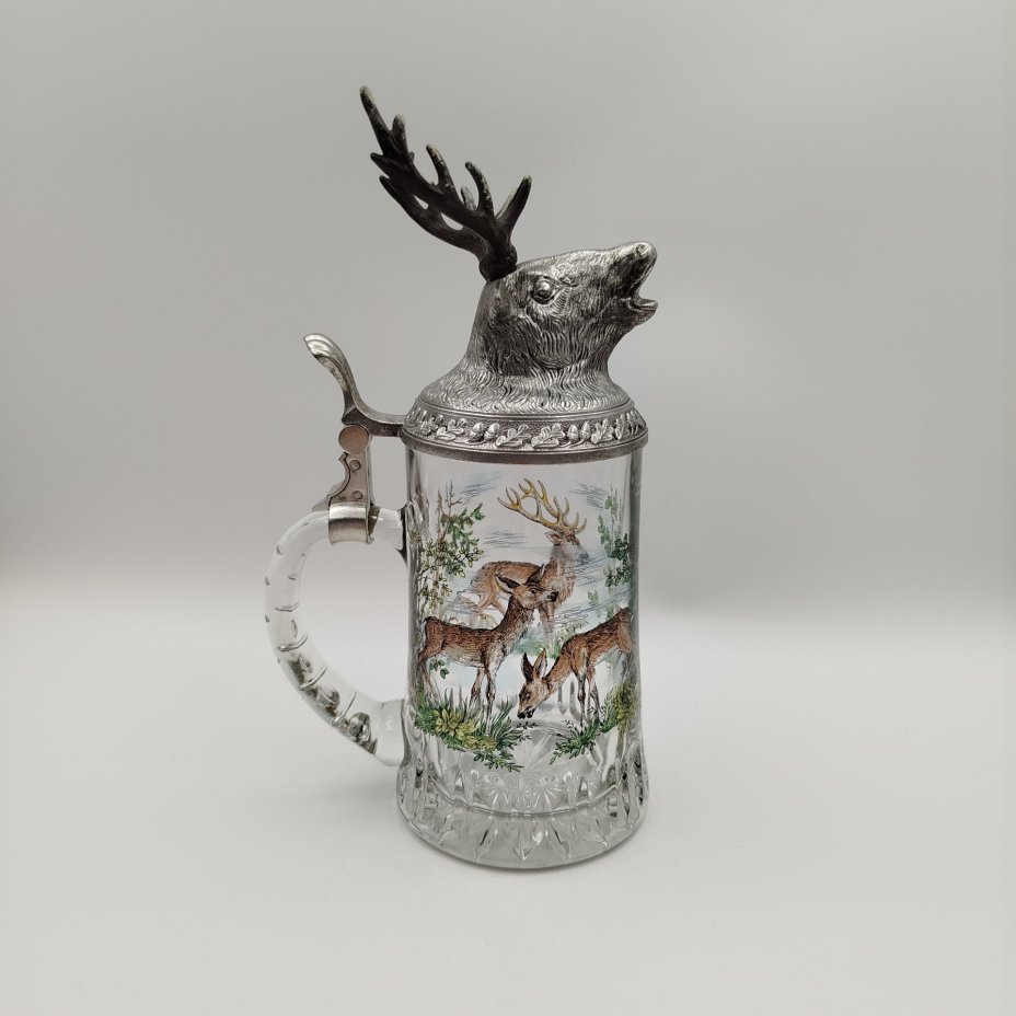 Кружка пивная "Олень", стекло, печать, металл, BMF Bierseidel, Германия, 1960-1990 гг., BMF Bierseidel