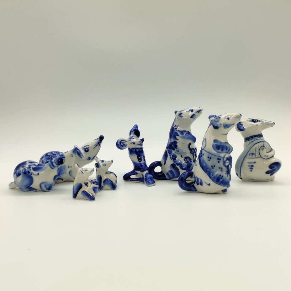 Набор из восьми статуэток "Крысы", Гжель