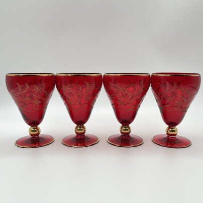 Набор из 4-х рюмок рубинового оттенка  "Золотой шар", цветное стекло, золочение, Чехословакия, 1960-1980 гг.