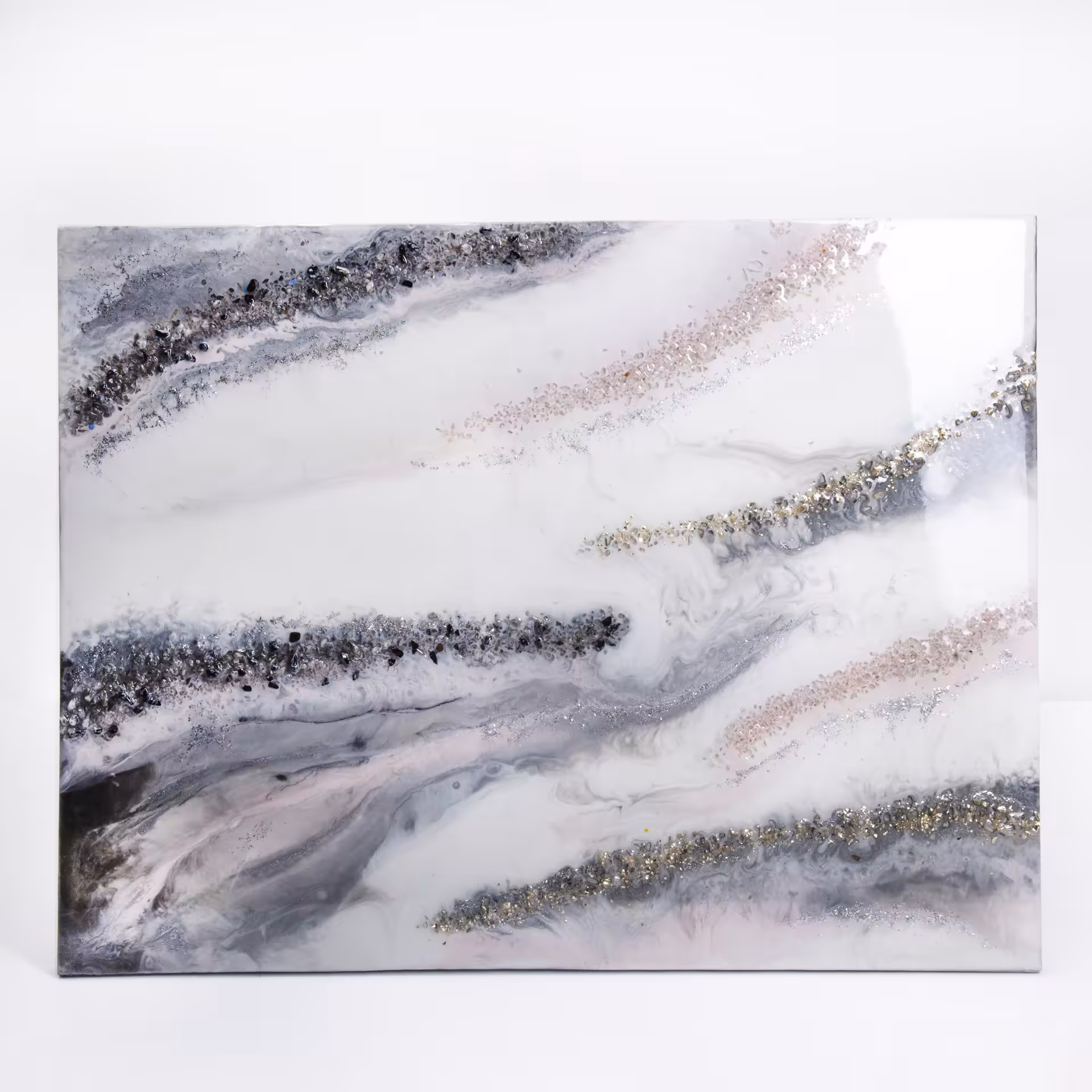 Панно настенное в нежных тонах,  авторская ручная работа в технике Resin Art, глянцевое 3D покрытие, натуральный камень, Россия, 2021 г. — фото 1