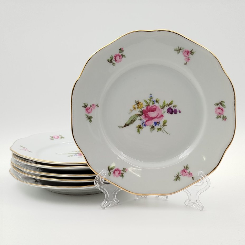 Набор пирожковых тарелок "Мейсенский букет" на 6 персон, фарфор, деколь, золочение, Bohemia (Neurohlau), Чехословакия, 1970-1990 гг.