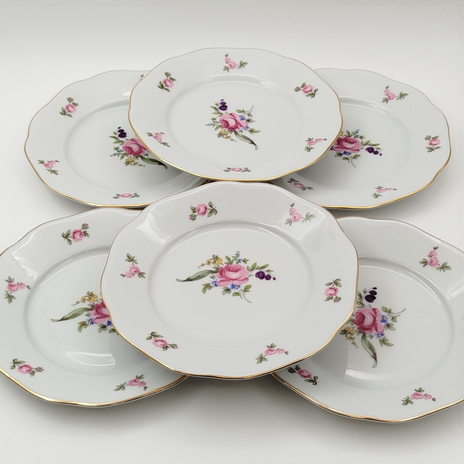 Набор пирожковых тарелок "Мейсенский букет" на 6 персон, фарфор, деколь, золочение, Bohemia (Neurohlau), Чехословакия, 1970-1990 гг.