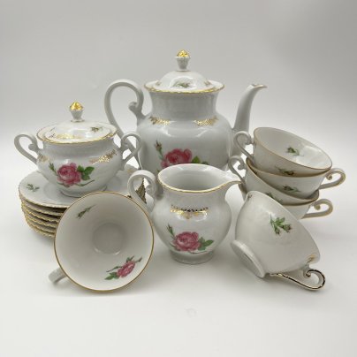 Сервиз кофейный на 6 персон (15 предметов), украшенный изображением розы (серия "Elizabeth"), фарфор, деколь, золочение, Seltmann Weiden, Германия, 1950-1970 гг.