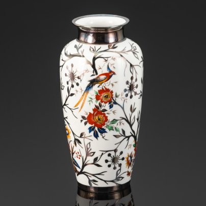 Ваза c cеребряным покрытием, украшенная изображением цветов и птиц, Bohemia JN Barcelona, фарфор, деколь, "silver overlay", Испания, 1960-1980 гг.