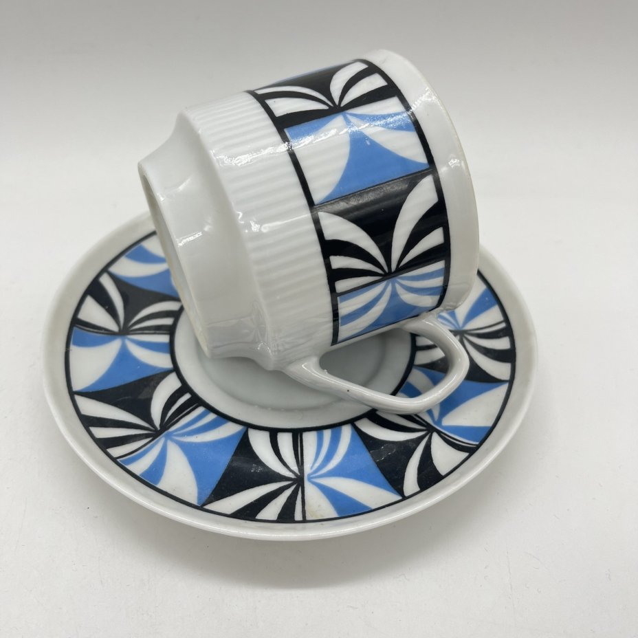 Чайная пара с монохромным геометрическим узором, фарфор, деколь, Chodziez, Chodziez
