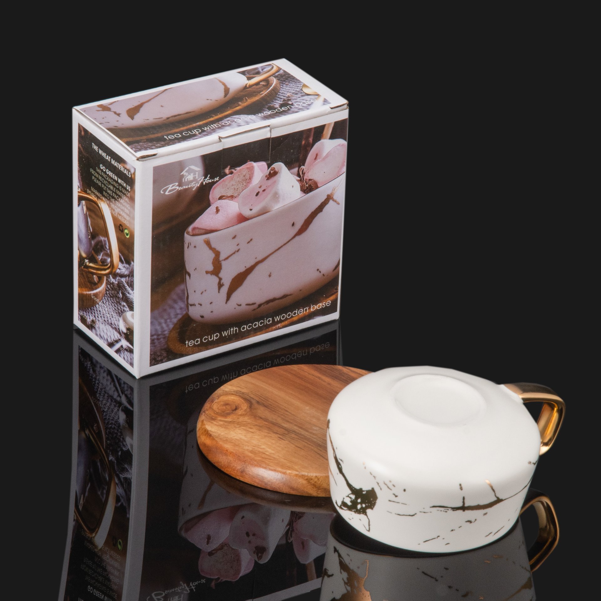 Чайный набор с мраморным декором (чашка и подставка), керамика, дерево, крытьё, золочение, Китай