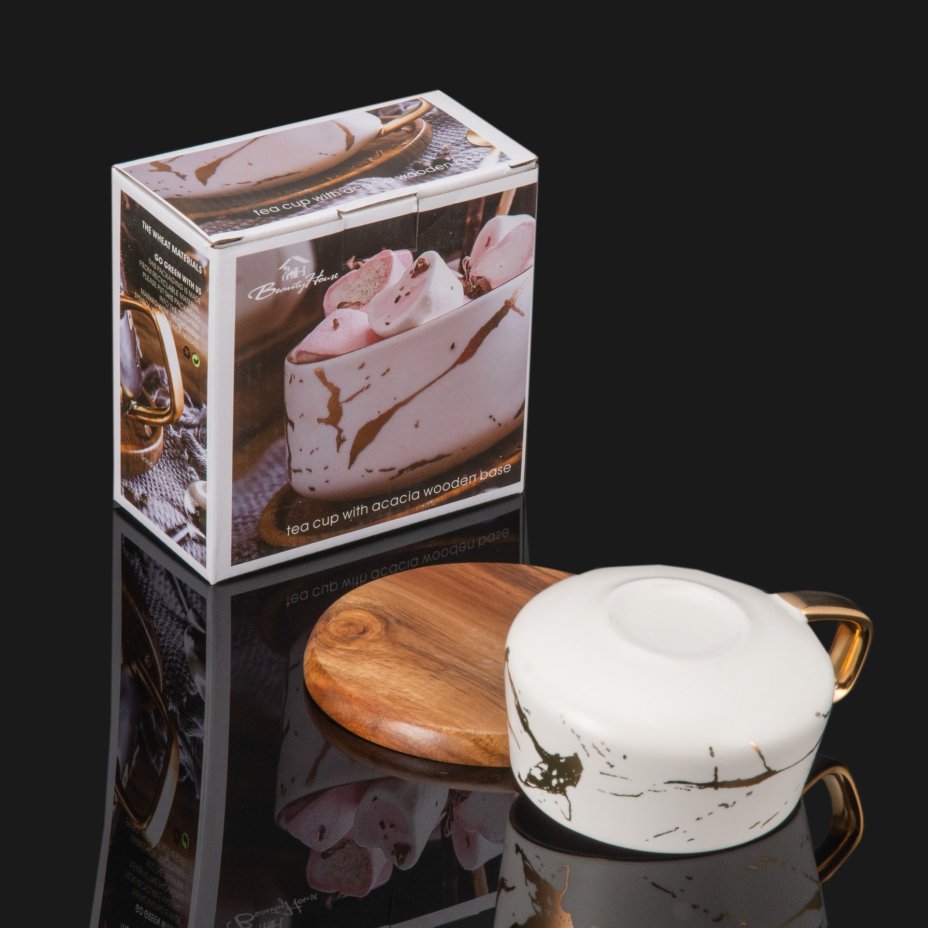 Чайный набор с мраморным декором (чашка и подставка), керамика, дерево, крытьё, золочение, Китай