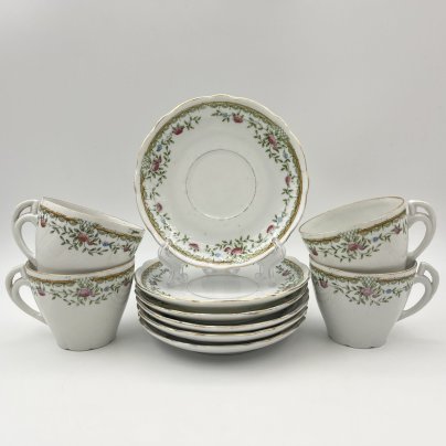 Набор из 4-х чайных пар и двух блюдец в стиле ар-нуво, фарфор, деколь с подрисовкой, золочение, Западная Европа, 1900-1930 гг.