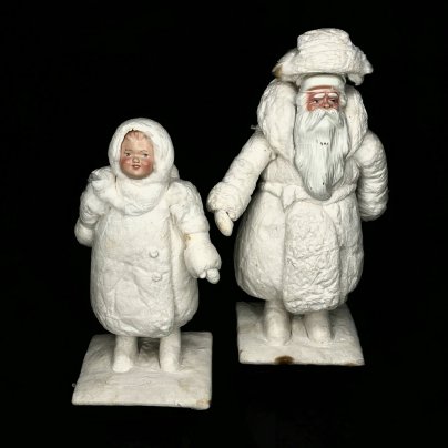 Пара подставных игрушек (под ёлку) "Дед Мороз" и "Снегурочка",  Киевская фабрика игрушек "Победа", вата, бумага, папье-маше, роспись, дерево