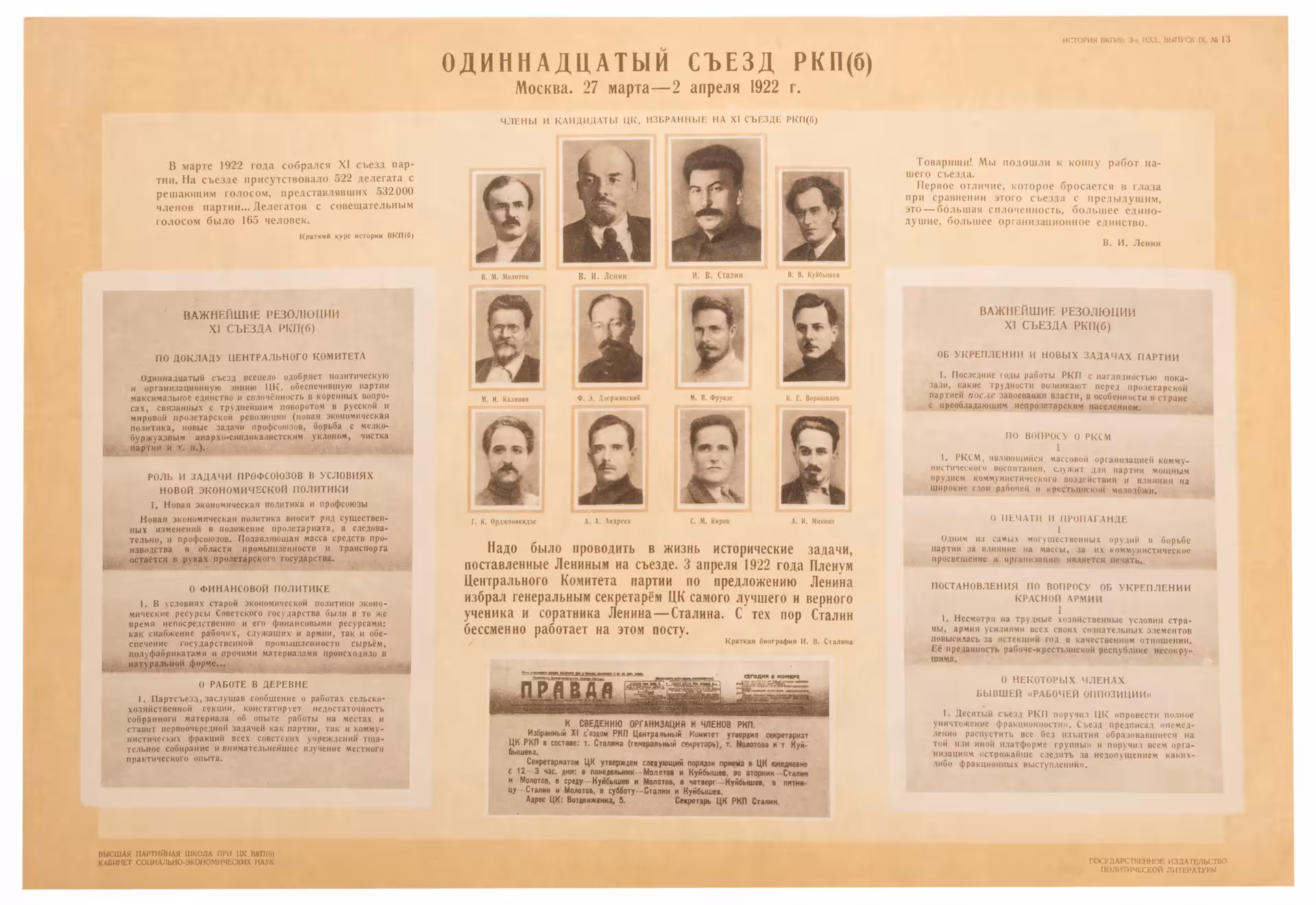 Плакат "Одинадцатый съезд РКП(Б) Москва. 27 марта - 2 апреля 1922 г.", бумага, печать, СССР, 1960-1970 гг.