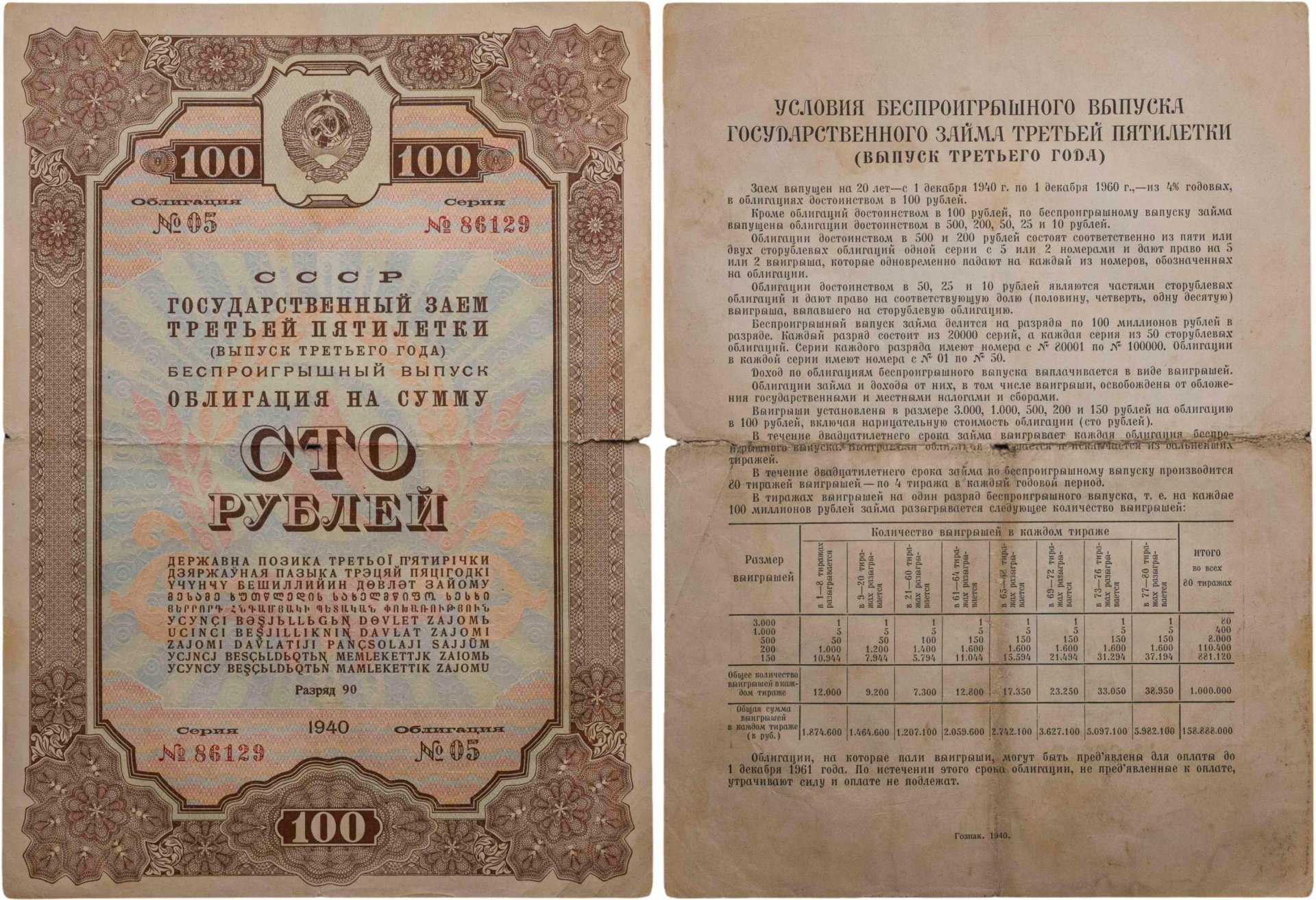 Облигация 100 рублей 1940 Государственный заем третьей пятилетки (выпуск третьего года), Беспроигрышный выпуск