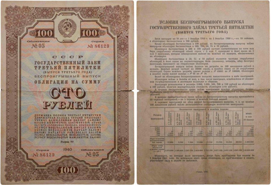 Облигация 100 рублей 1940 Государственный заем третьей пятилетки (выпуск третьего года), Беспроигрышный выпуск