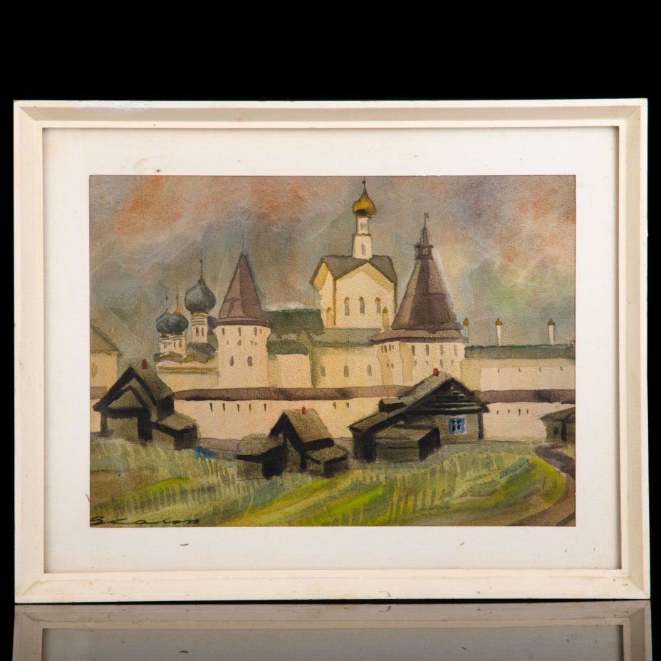 Картина "Ростовский кремль" в раме, художник Колосков В.Г. (род. в 1924 г.), бумага, акварель, дерево