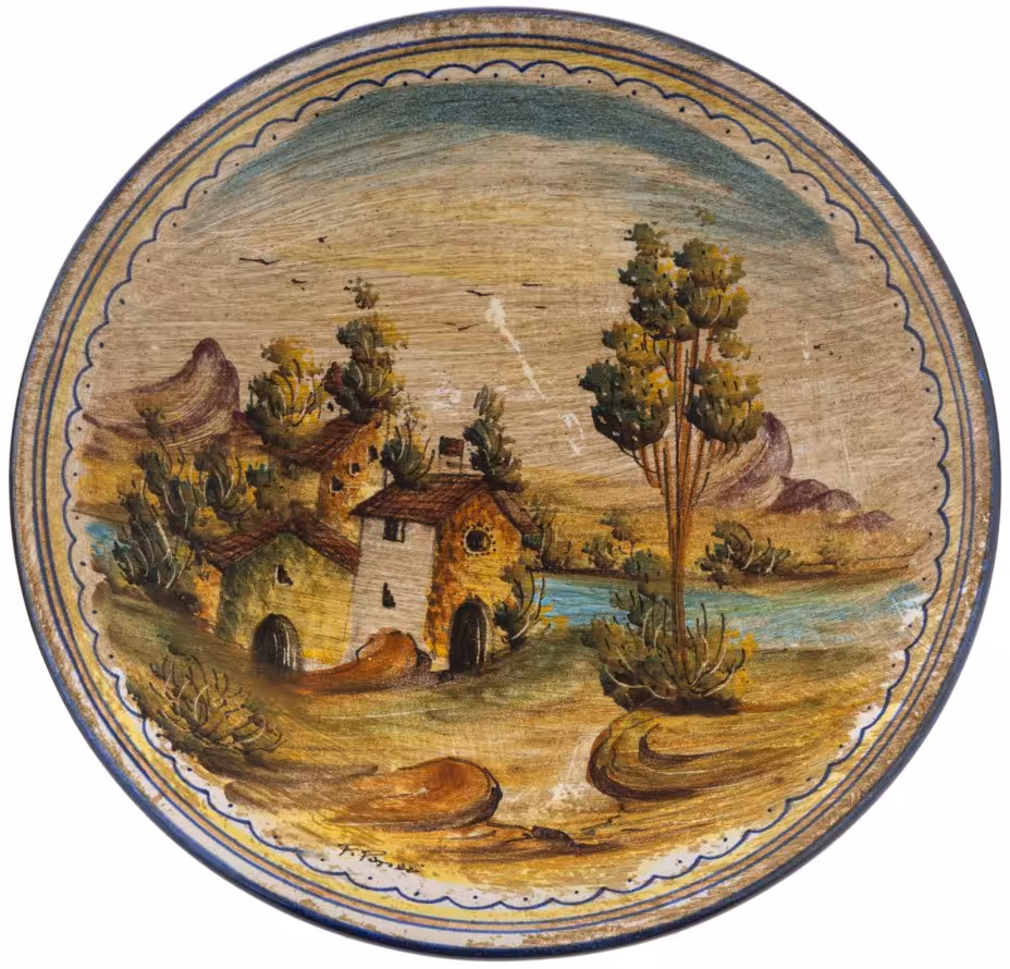 Тарелка настенная с живописным видом, керамика, роспись, фирма "Fima Deruta", Италия, 1980-2000 гг., Fima Deruta